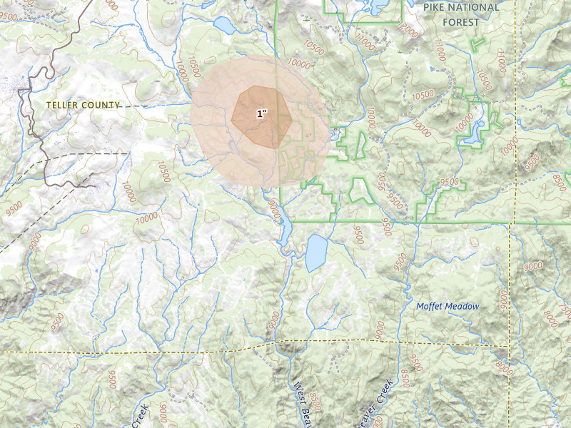 Radar-estimated hail-size map of the storm over Victor, CO on Jul 11, 2026