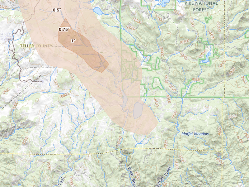 Radar-estimated hail-size map of the storm over Victor, CO on Jul 28, 2026