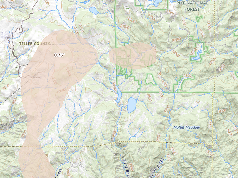 Radar-estimated hail-size map of the storm over Victor, CO on Jul 29, 2026