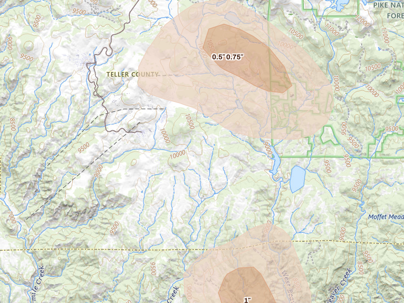 Radar-estimated hail-size map of the storm over Victor, CO on Aug 20, 2026