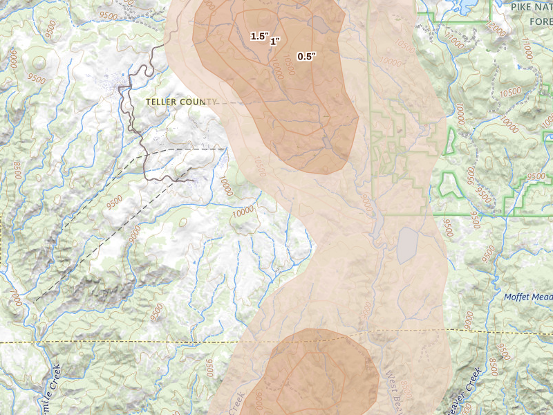 Radar-estimated hail-size map of the storm over Victor, CO on Aug 26, 2026