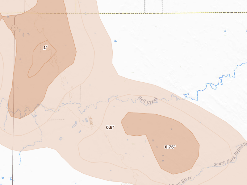 Radar-estimated hail-size map of the storm over Vona, CO on May 21, 2026