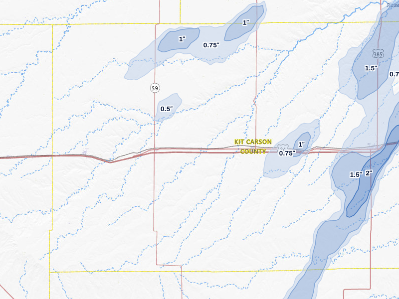 NEXRAD radar-signature map of the hail storm over Vona, CO on Jun 1, 2026