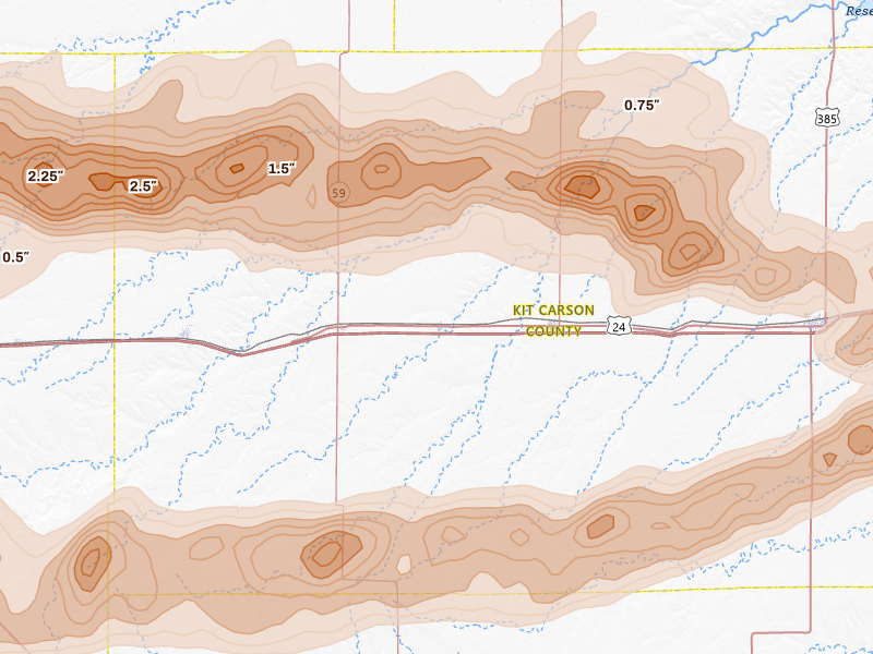 Radar-estimated hail-size map of the storm over Vona, CO on Jun 8, 2026