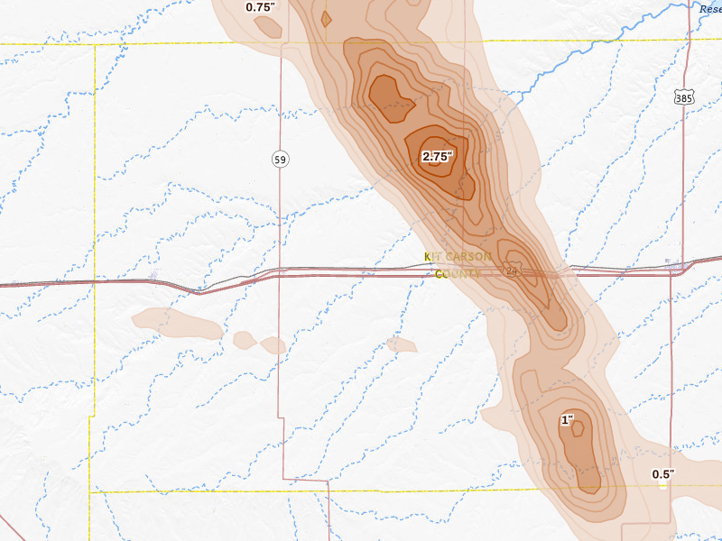 Radar-estimated hail-size map of the storm over Vona, CO on Jun 22, 2026