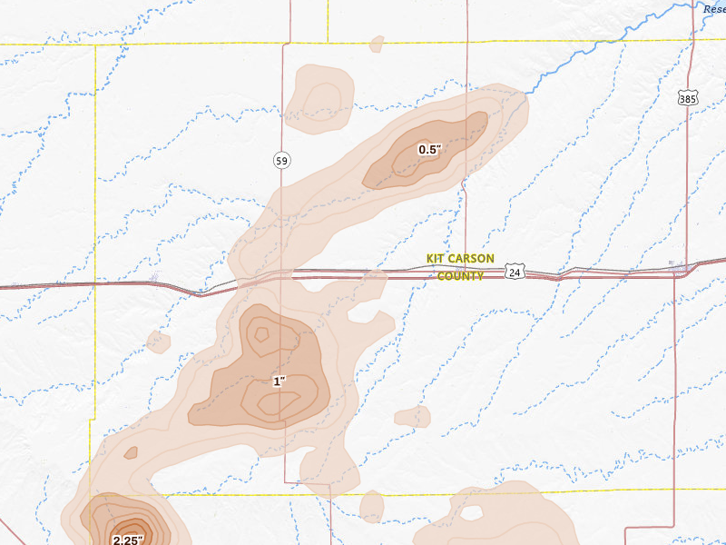 Radar-estimated hail-size map of the storm over Vona, CO on Jun 26, 2026