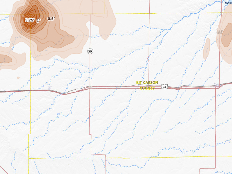 Radar-estimated hail-size map of the storm over Vona, CO on Jul 3, 2026