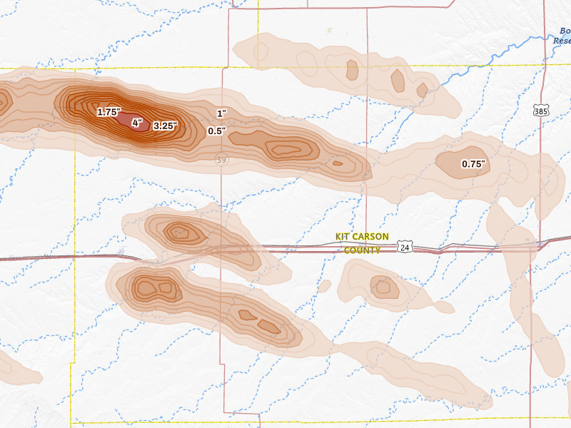 Radar-estimated hail-size map of the storm over Vona, CO on Aug 19, 2026