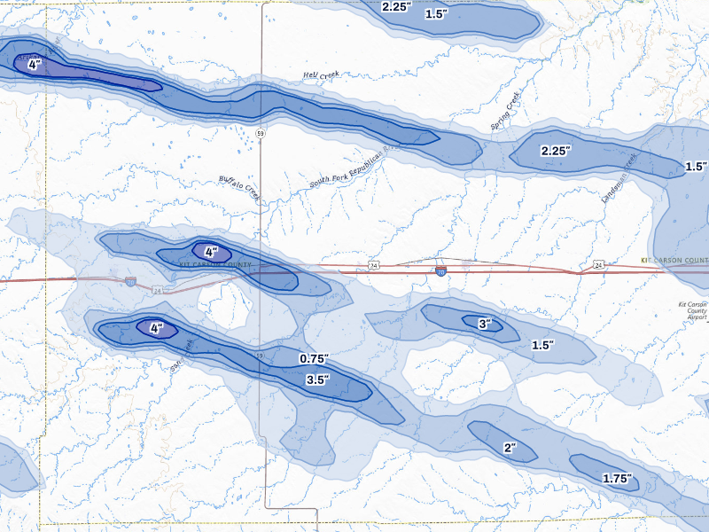 NEXRAD radar-signature map of the hail storm over Vona, CO on Aug 19, 2026