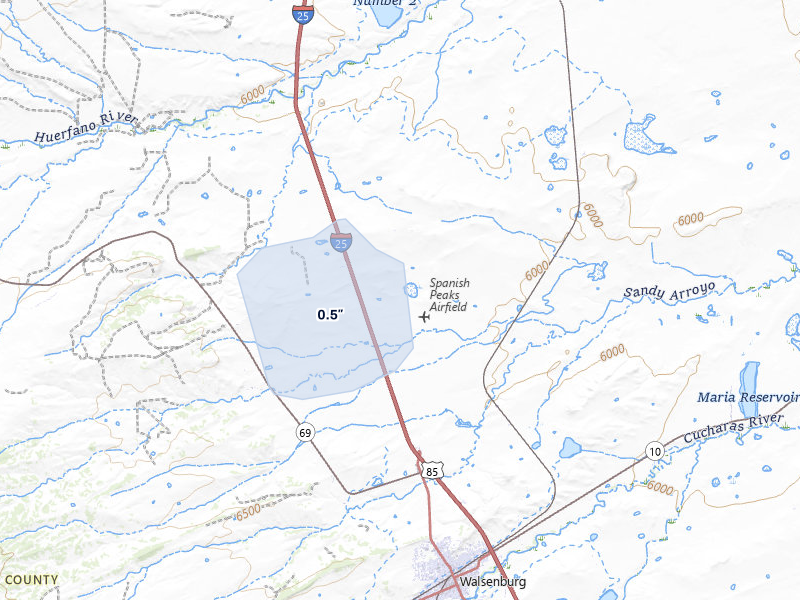 NEXRAD radar-signature map of the hail storm over Walsenburg, CO on Jan 8, 2026