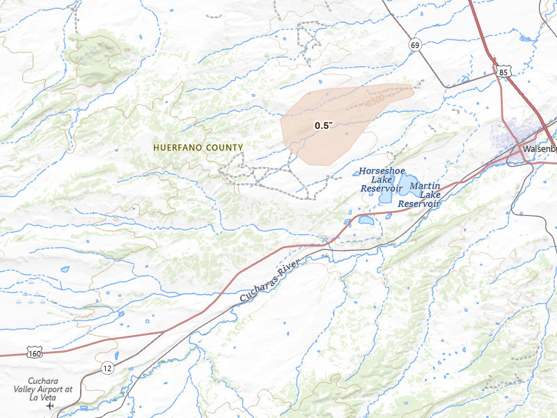 Radar-estimated hail-size map of the storm over Walsenburg, CO on Jun 25, 2026
