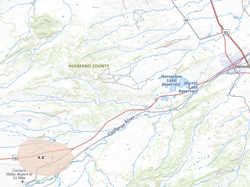 Radar-estimated hail-size map of the storm over Walsenburg, CO on Jul 28, 2026