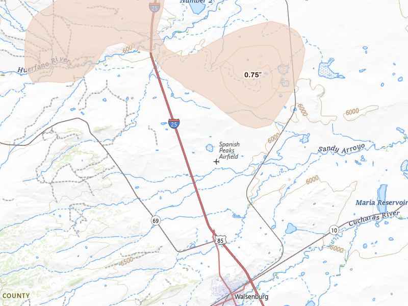 Radar-estimated hail-size map of the storm over Walsenburg, CO on Jul 30, 2026