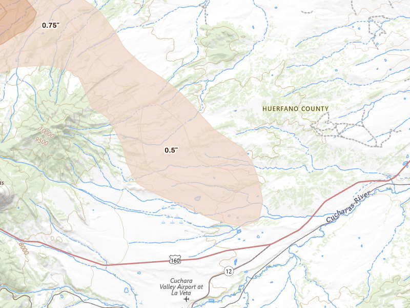 Radar-estimated hail-size map of the storm over Walsenburg, CO on Aug 19, 2026