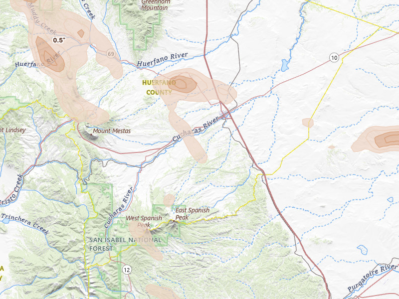 Radar-estimated hail-size map of the storm over Walsenburg, CO on Aug 26, 2026