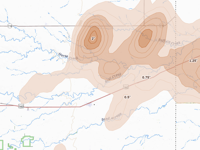 Radar-estimated hail-size map of the storm over Walsh, CO on Jul 2, 2026