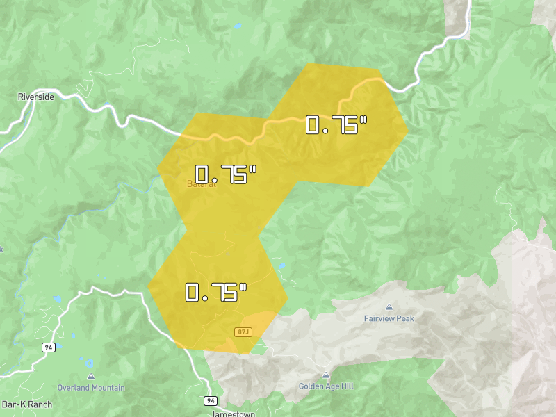 Hail map of Ward, CO on Jul 2, 2026, hail up to 0.75"
