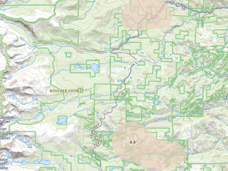 Radar-estimated hail-size map of the storm over Ward, CO on Jul 24, 2026