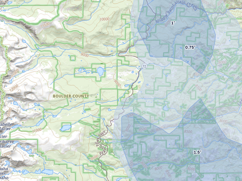 NEXRAD radar-signature map of the hail storm over Ward, CO on Jul 24, 2026