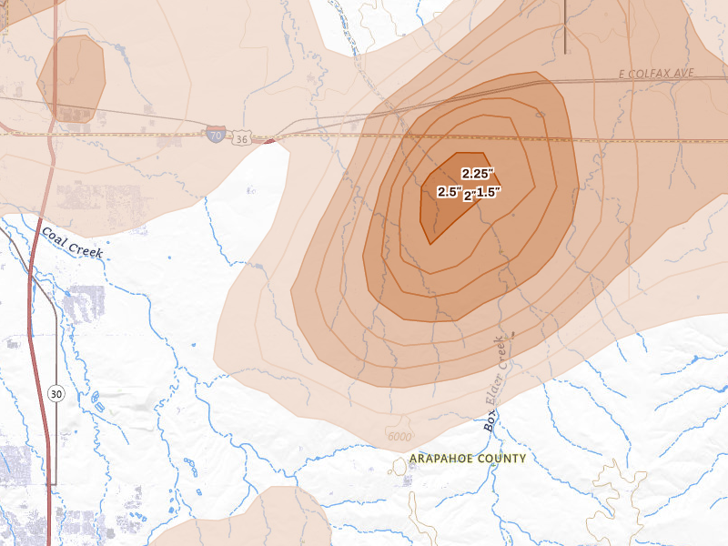 Radar-estimated hail-size map of the storm over Watkins, CO on Jun 1, 2026