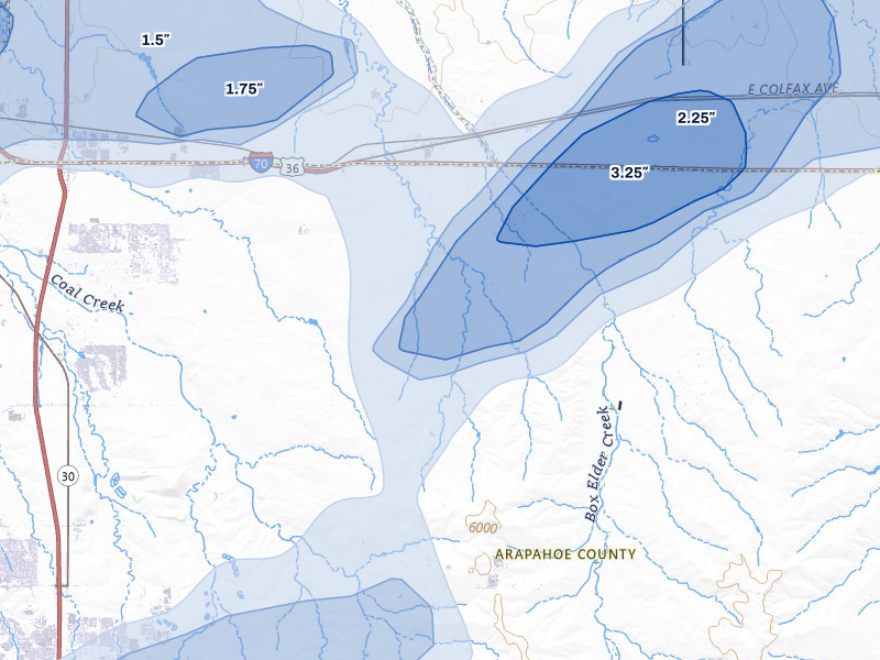 NEXRAD radar-signature map of the hail storm over Watkins, CO on Jun 1, 2026