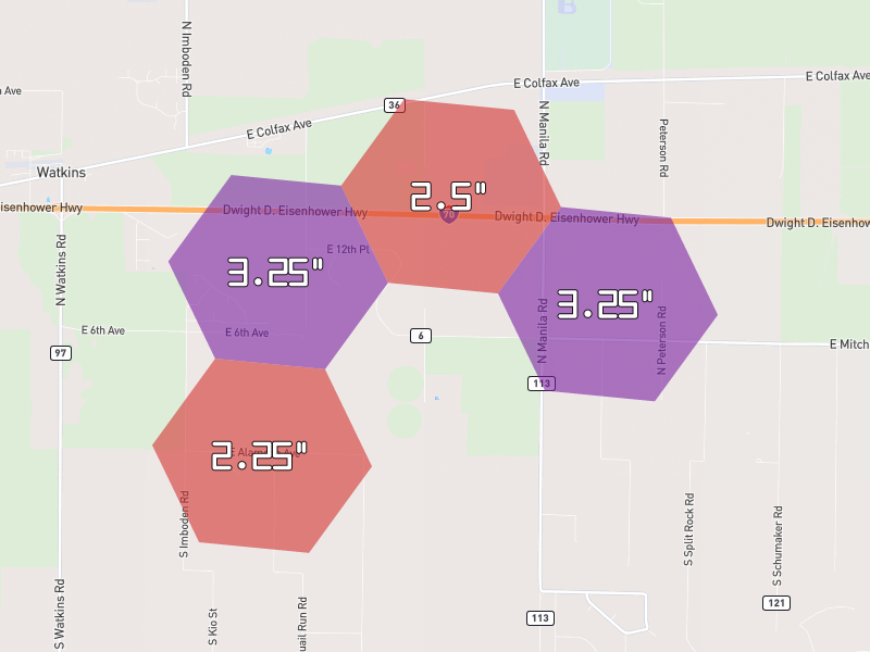 Hail map of Watkins, CO on Jun 1, 2026, hail up to 3.25"