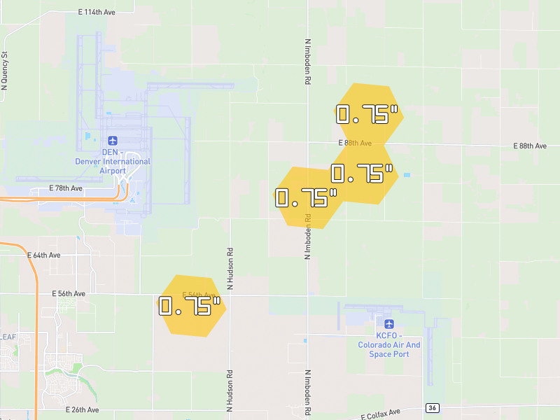 Hail map of Watkins, CO on Jul 3, 2026, hail up to 0.75"