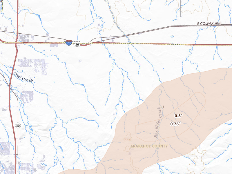 Radar-estimated hail-size map of the storm over Watkins, CO on Jul 28, 2026