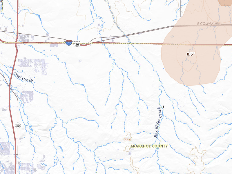Radar-estimated hail-size map of the storm over Watkins, CO on Jul 29, 2026