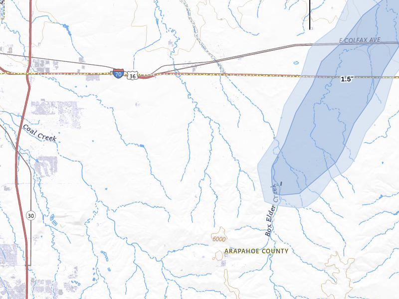 NEXRAD radar-signature map of the hail storm over Watkins, CO on Jul 29, 2026
