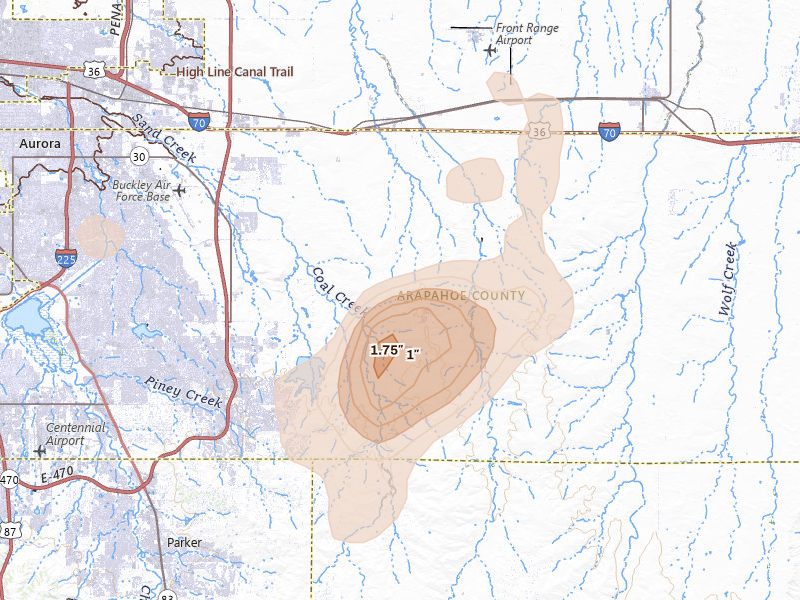 Radar-estimated hail-size map of the storm over Watkins, CO on Aug 22, 2026
