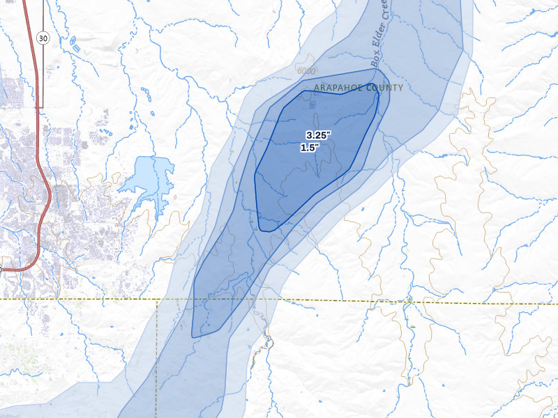 NEXRAD radar-signature map of the hail storm over Watkins, CO on Aug 22, 2026