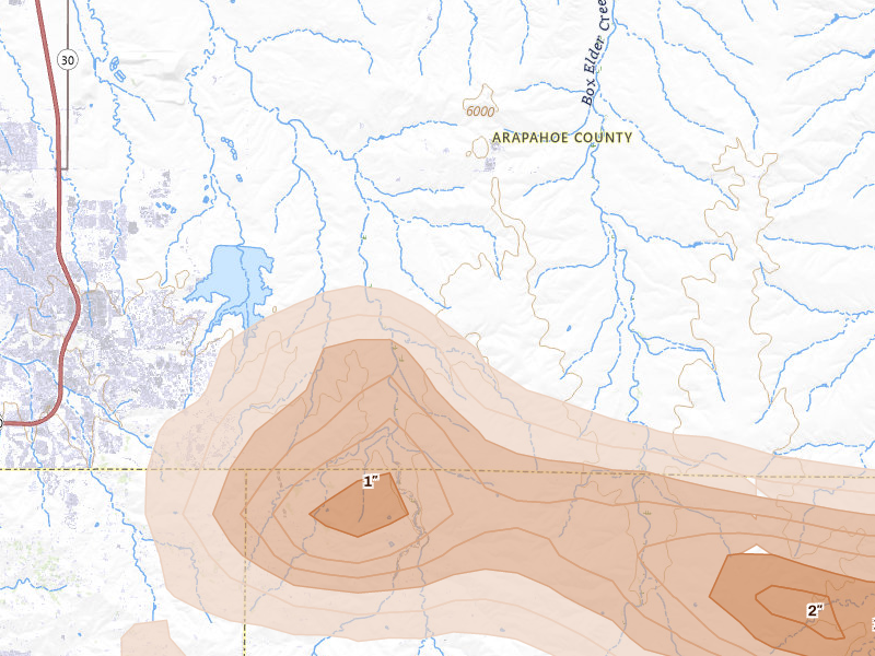 Radar-estimated hail-size map of the storm over Watkins, CO on Aug 26, 2026