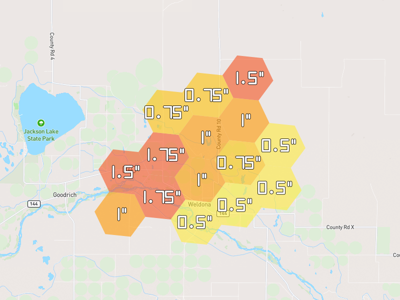 Hail map of Weldona, CO on Jun 3, 2026, hail up to 1.75"