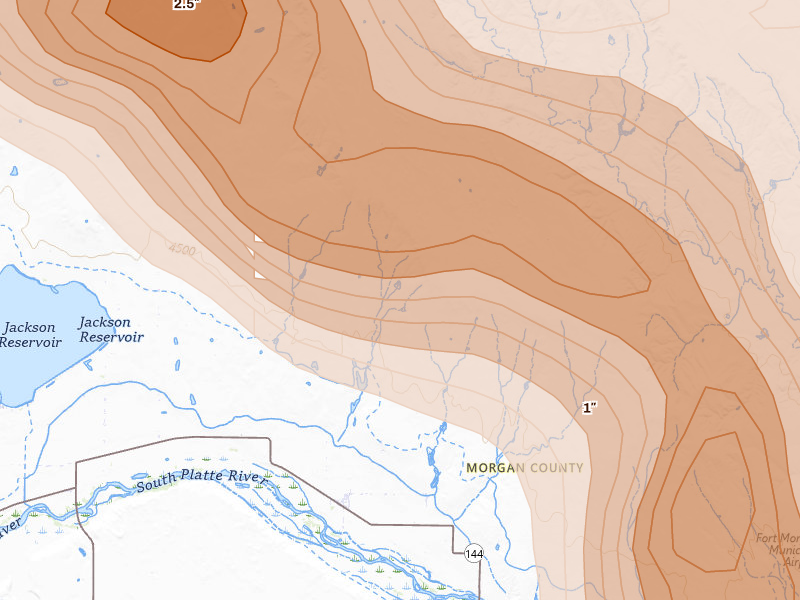 Radar-estimated hail-size map of the storm over Weldona, CO on Jun 24, 2026