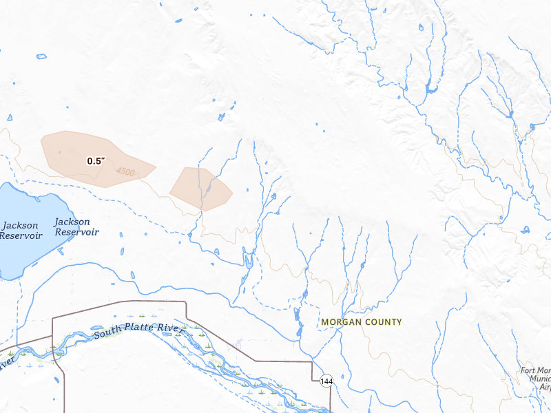 Radar-estimated hail-size map of the storm over Weldona, CO on Jul 28, 2026