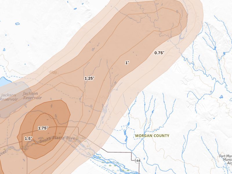 Radar-estimated hail-size map of the storm over Weldona, CO on Aug 22, 2026