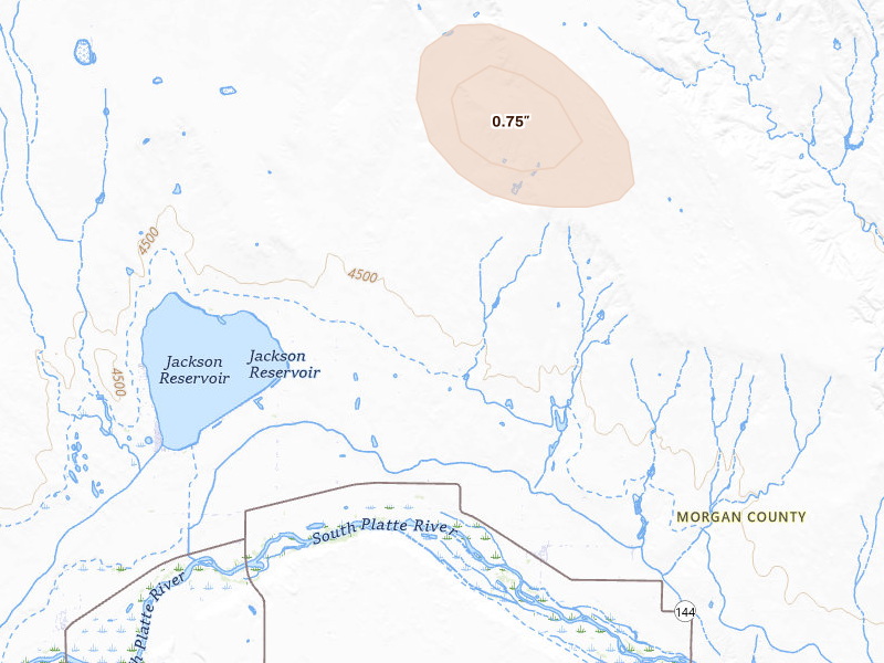 Radar-estimated hail-size map of the storm over Weldona, CO on Aug 25, 2026