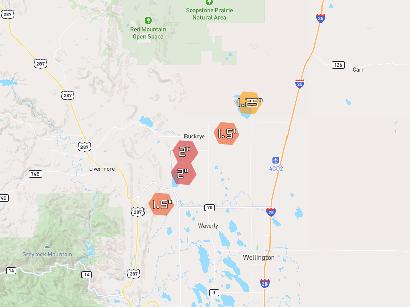 Hail map of Wellington, CO on Jun 1, 2026, hail up to 2"