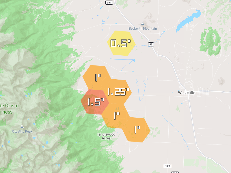Hail map of Westcliffe, CO on Jun 3, 2026, hail up to 1.5"