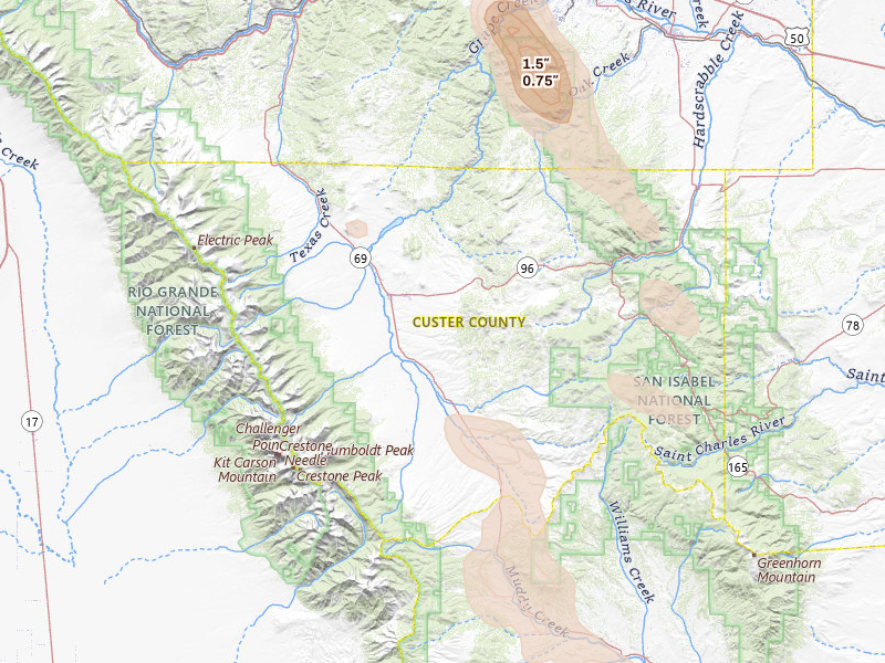 Radar-estimated hail-size map of the storm over Westcliffe, CO on Aug 19, 2026