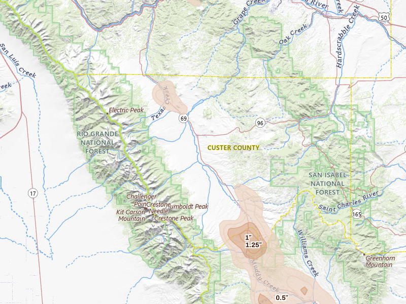 Radar-estimated hail-size map of the storm over Westcliffe, CO on Aug 26, 2026