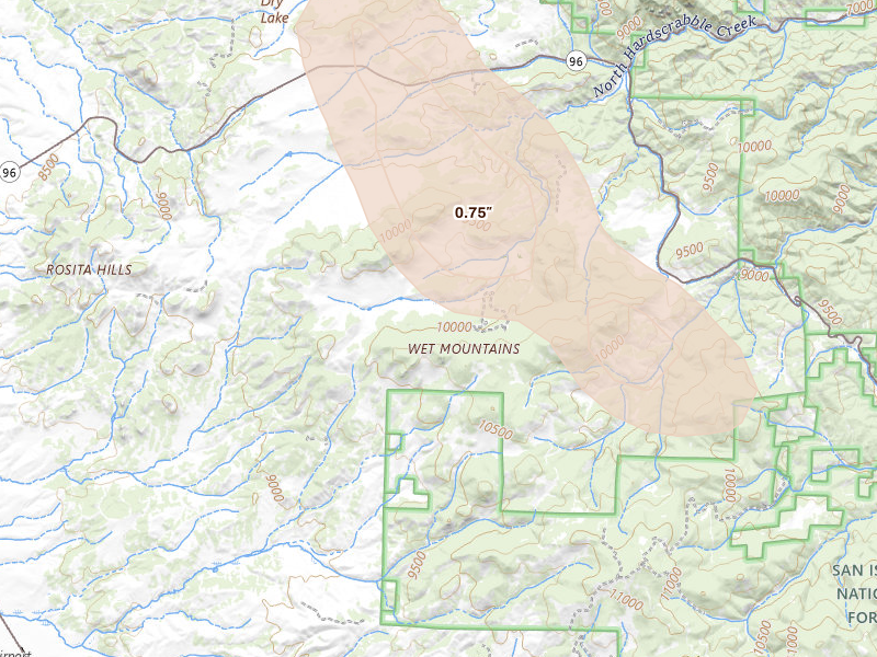 Radar-estimated hail-size map of the storm over Westcliffe, CO on Aug 27, 2026