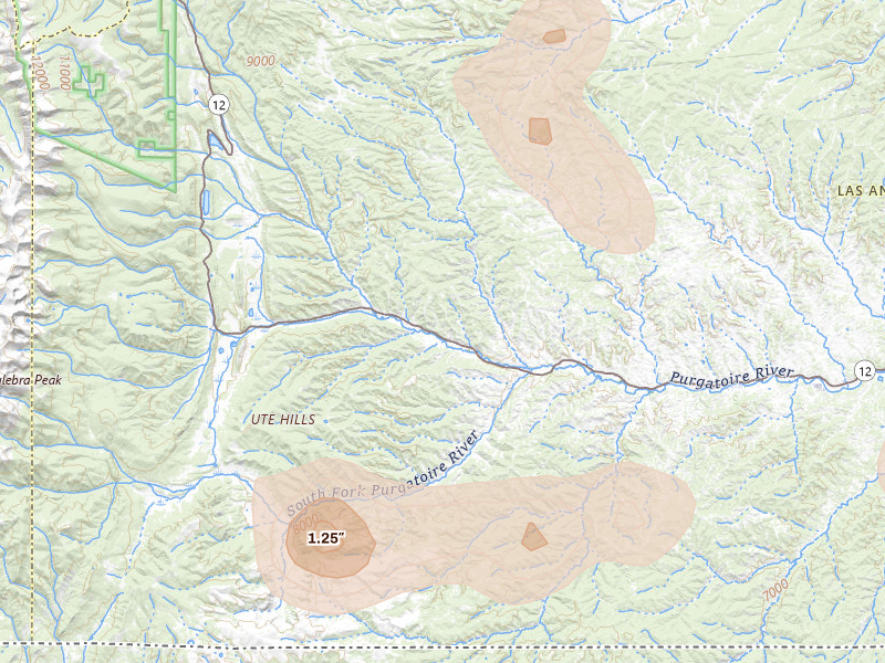Radar-estimated hail-size map of the storm over Weston, CO on May 28, 2026