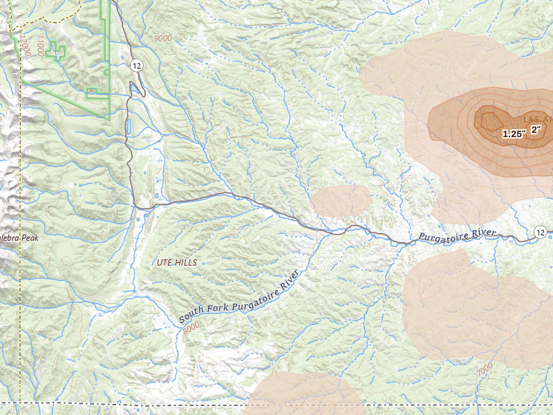Radar-estimated hail-size map of the storm over Weston, CO on Jun 24, 2026