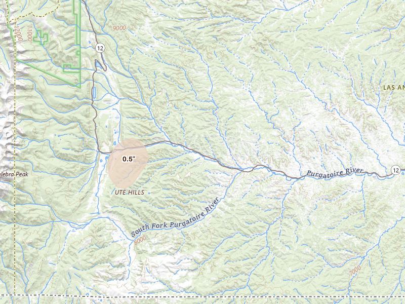 Radar-estimated hail-size map of the storm over Weston, CO on Jul 5, 2026