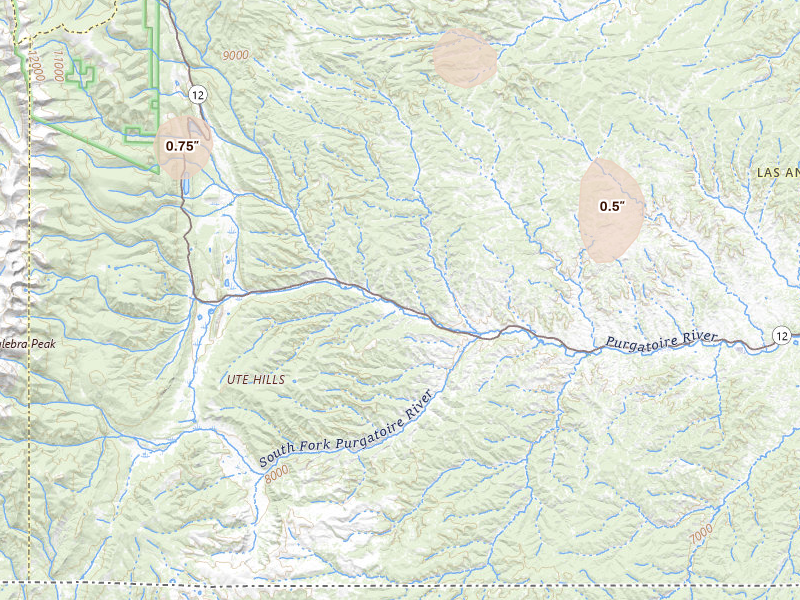 Radar-estimated hail-size map of the storm over Weston, CO on Jul 28, 2026