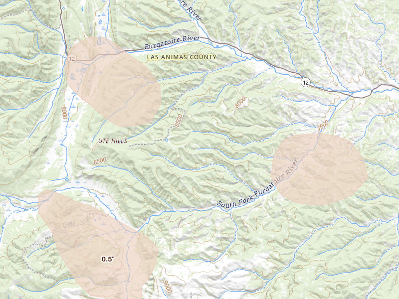 Radar-estimated hail-size map of the storm over Weston, CO on Aug 19, 2026