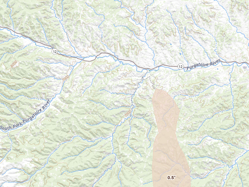 Radar-estimated hail-size map of the storm over Weston, CO on Aug 27, 2026