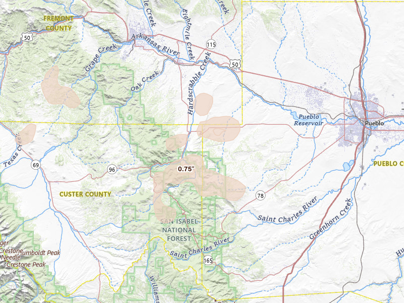 Radar-estimated hail-size map of the storm over Wetmore, CO on Jul 28, 2026